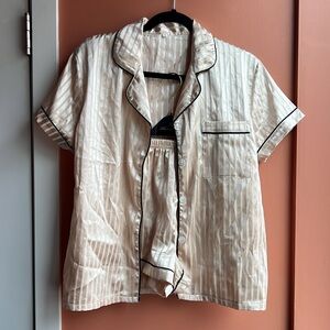Elegant Striped Satin Pajama Lounge Shirt and Shorts Set